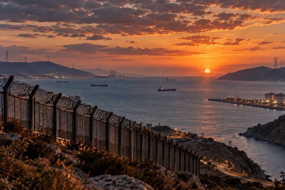 Vista panorámica de un estrecho marítimo al atardecer, con montañas difuminadas, barcos mercantes, infraestructuras energéticas y una valla fronteriza en primer plano, bajo un cielo anaranjado.
