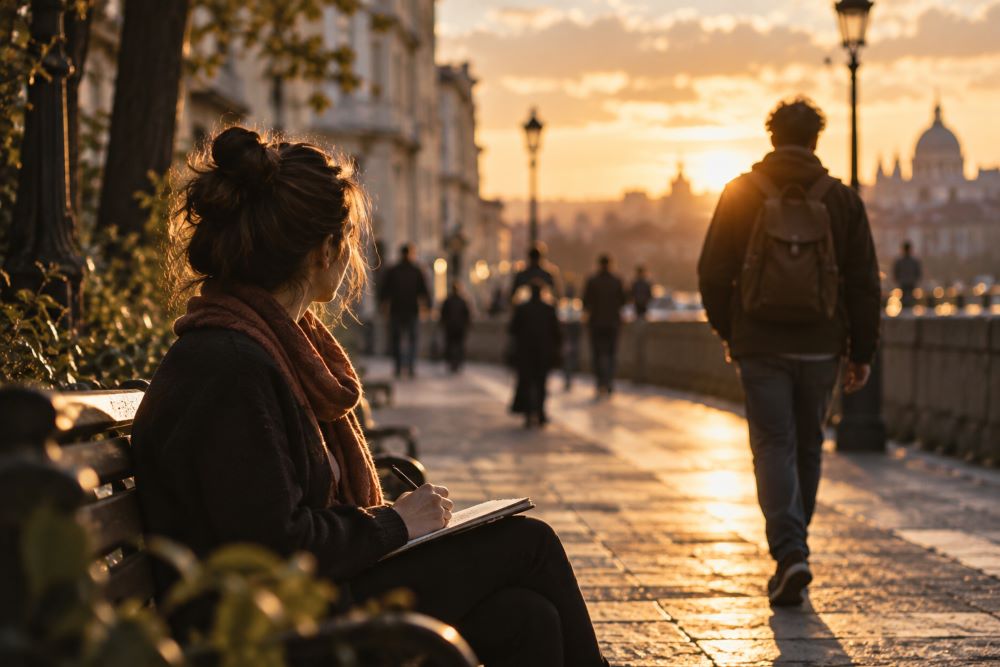 Una mujer escribe en un cuaderno sentada en un banco mientras un hombre camina delante de ella por una calle al atardecer, bajo una cálida luz dorada.