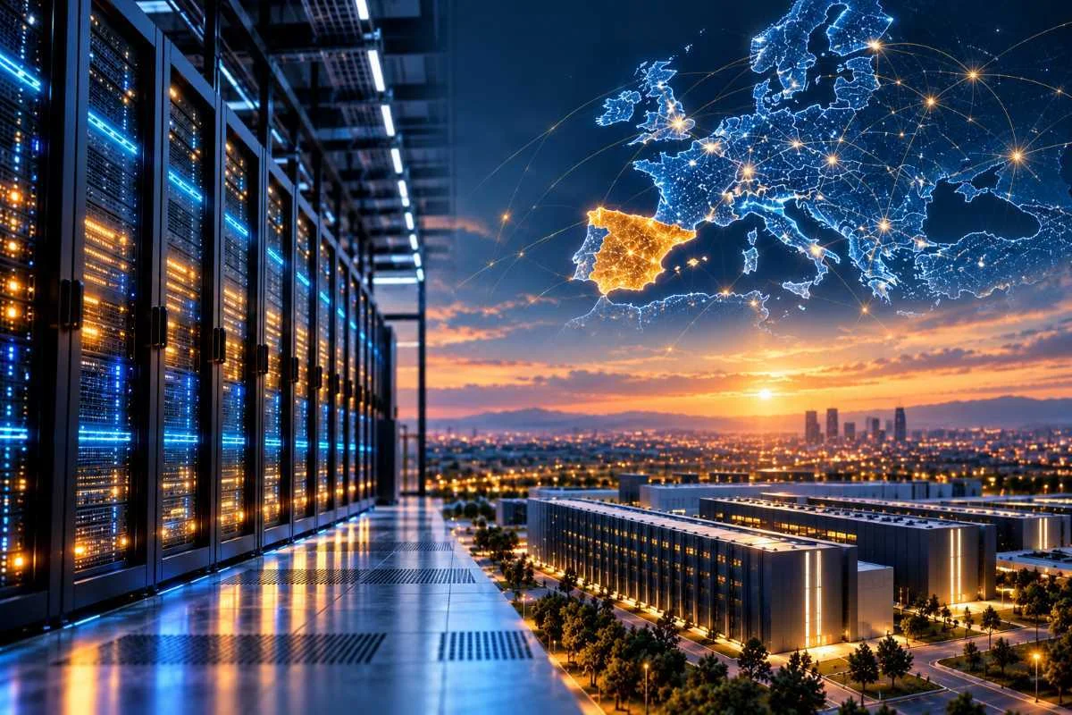 Modern data center corridor with server racks and computer equipment. Ideal for technology and IT concepts. Gigafactoria de IA.