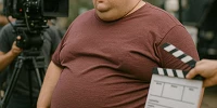 Actor gordo en el set de rodaje de una pelicula. Se ve una cámara y una claqueta.