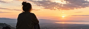 Persona sentada de espaldas sobre unas rocas, contemplando un paisaje montañoso y el mar al atardecer, bajo un cielo cubierto de nubes iluminadas por una luz cálida.
