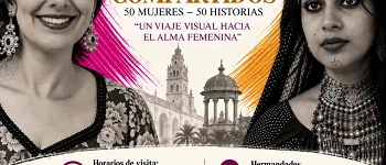 Cartel cuadrado de la exposición fotográfica «Rostros Compartidos: 50 Mujeres · 50 Historias», que reúne retratos de mujeres de España y la India. El diseño muestra dos retratos femeninos en blanco y negro, arquitectura de Córdoba y pinceladas magenta y doradas. La exposición se celebra del 18 de septiembre al 7 de octubre de 2026 en Hermandades del Trabajo, Córdoba, con horarios de visita de lunes a jueves de 09:00 a 14:00 y de 17:00 a 19:00, y los viernes de 09:00 a 15:00 horas. Incluye los logotipos de la organización y colaboradores.
