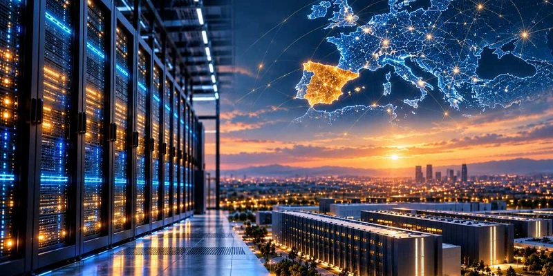 Modern data center corridor with server racks and computer equipment. Ideal for technology and IT concepts. Gigafactoria de IA.